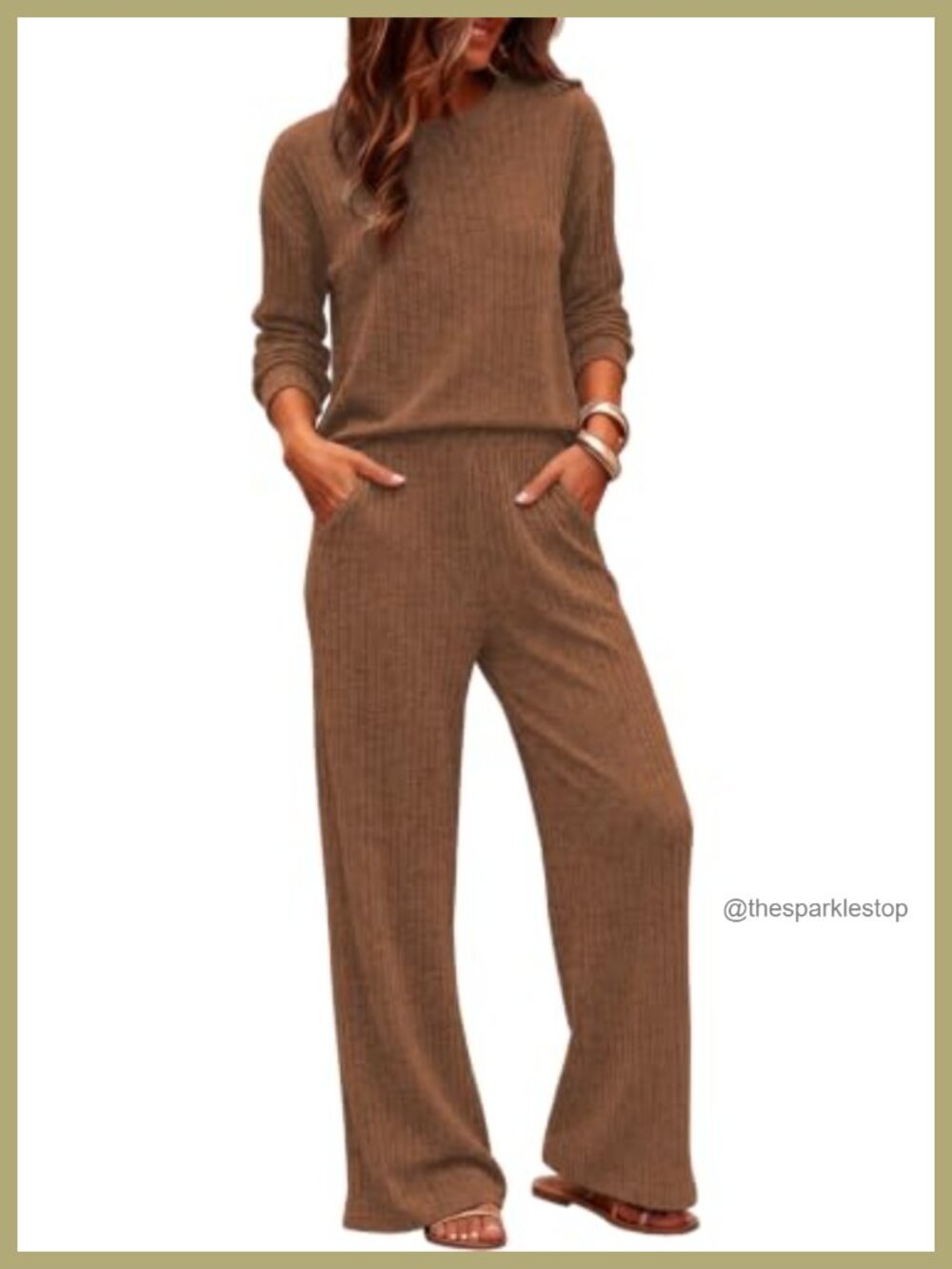 Ribbed Knit 2 Piece Lounge Set Wide Leg Pants Sweater Set - Picture 2 of 6